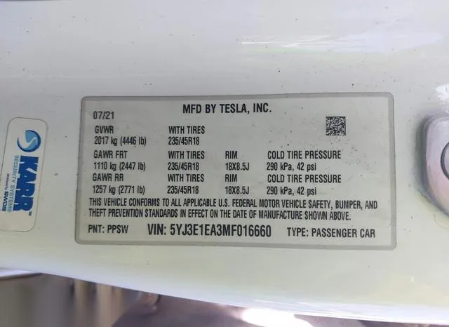 5YJ3E1EA3MF016660 2021 2021 Tesla Model 3- Standard Range P 9