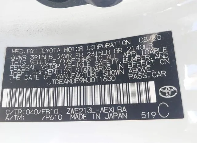 JTDEAMDE9MJ011630 2021 2021 Toyota Corolla- Hybrid Le 9