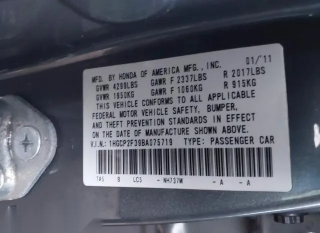 1HGCP2F39BA075719 2011 2011 Honda Accord- 2-4 LX 9