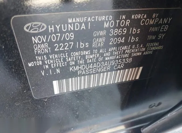 KMHDU4AD3AU935338 2010 2010 Hyundai Elantra- Blue 9