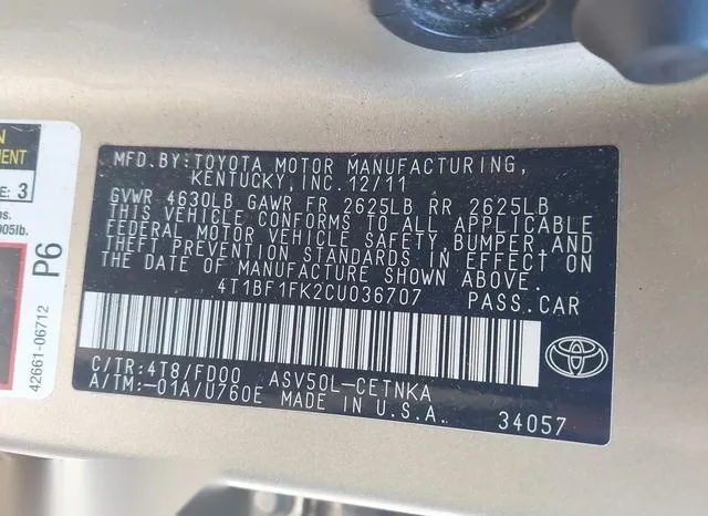 4T1BF1FK2CU036707 2012 2012 Toyota Camry- LE 9