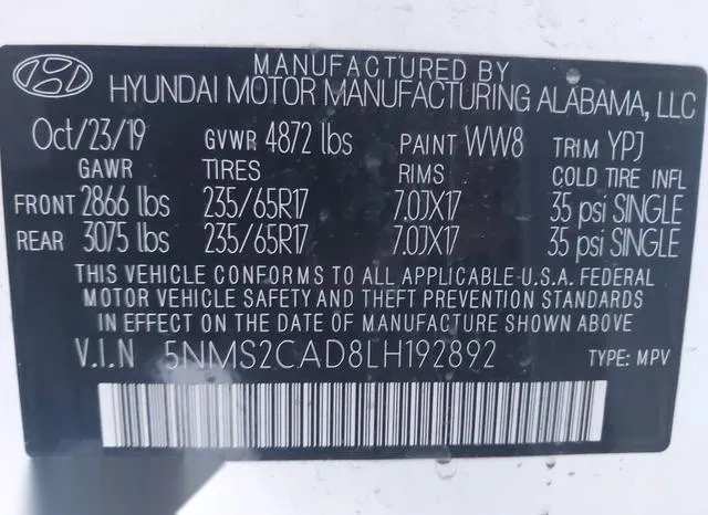 5NMS2CAD8LH192892 2020 2020 Hyundai Santa Fe- SE 9