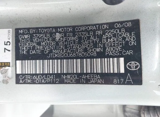 JTDKB20U687805098 2008 2008 Toyota Prius 9