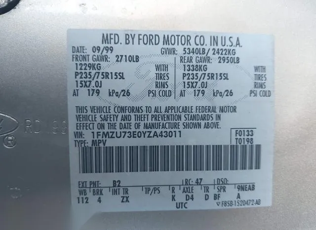 1FMZU73E0YZA43011 2000 2000 Ford Explorer- Xlt 9