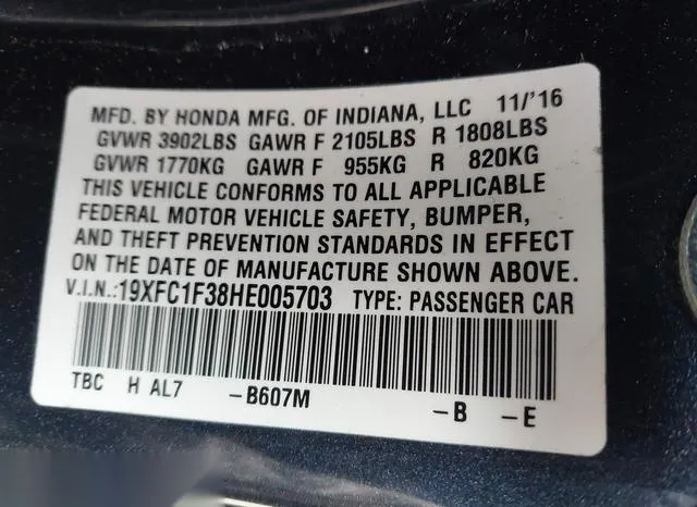 19XFC1F38HE005703 2017 2017 Honda Civic- Ex-T 9