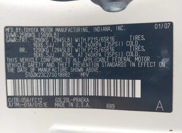 5TDZK23C27S018882 2007 2007 Toyota Sienna- LE 9