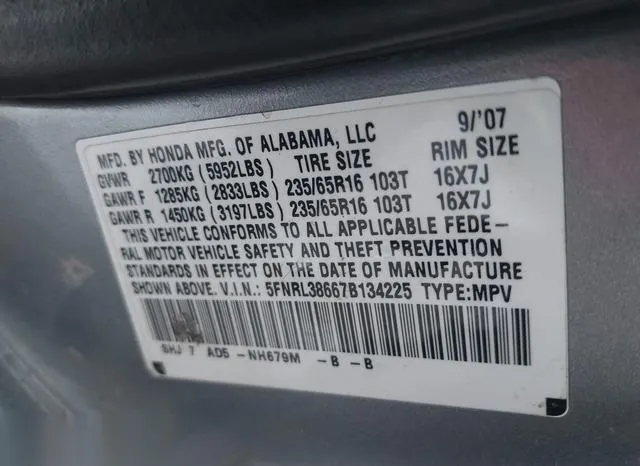 5FNRL38667B134225 2007 2007 Honda Odyssey- Ex-L 9