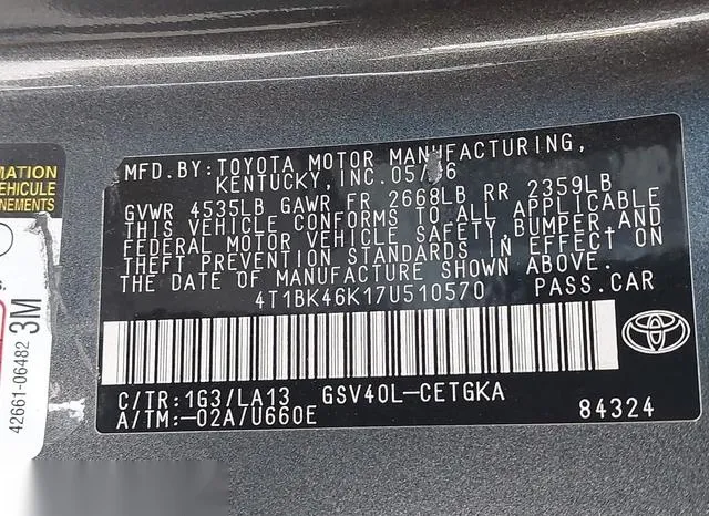 4T1BK46K17U510570 2007 2007 Toyota Camry- Xle V6 9