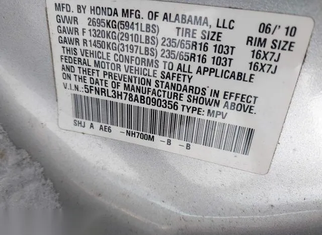 5FNRL3H78AB090356 2010 2010 Honda Odyssey- Ex-L 9