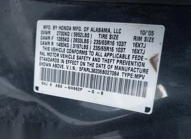 5FNRL38206B027084 2006 2006 Honda Odyssey- LX 9