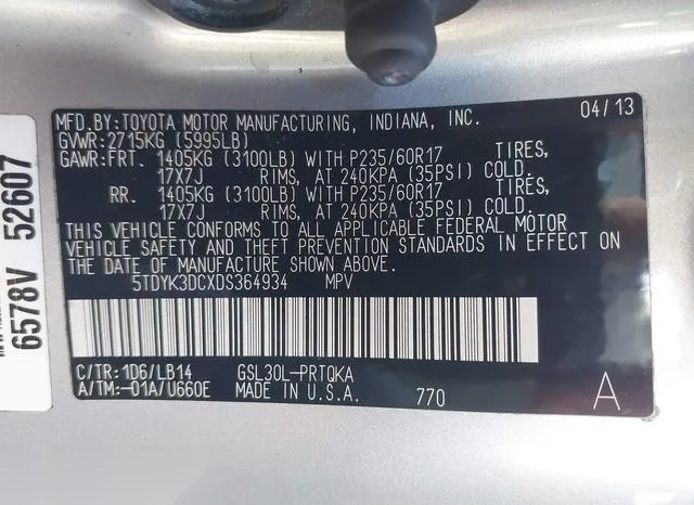 5TDYK3DCXDS364934 2013 2013 Toyota Sienna- Xle V6 8 Passenger 9