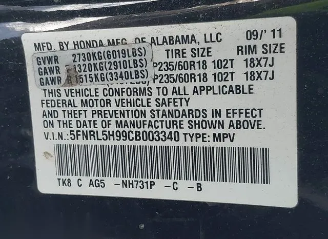 5FNRL5H99CB003340 2012 2012 Honda Odyssey- Touring/Touring 9