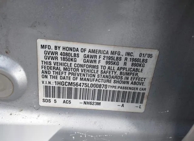 1HGCM56475L000870 2005 2005 Honda Accord- 2-4 LX 9