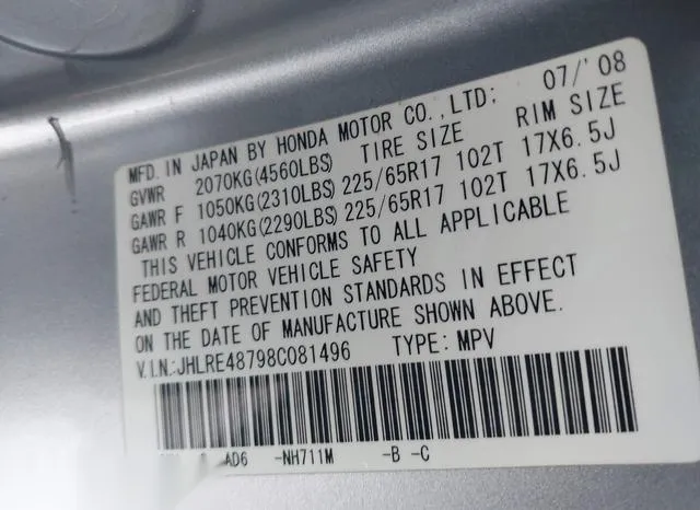 JHLRE48798C081496 2008 2008 Honda CR-V- Ex-L 9