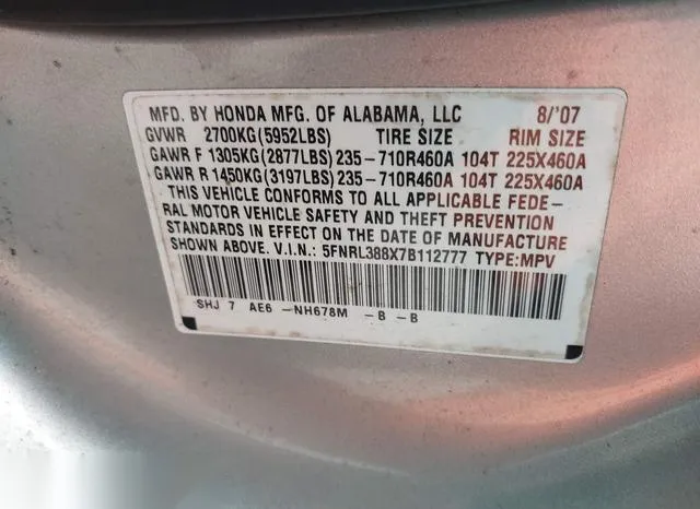 5FNRL388X7B112777 2007 2007 Honda Odyssey- Touring 9