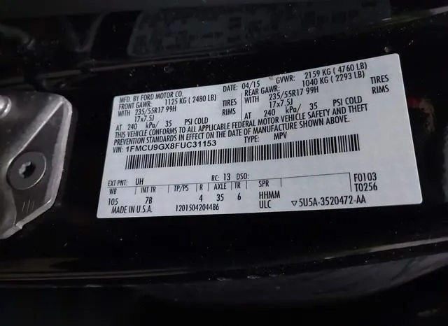 1FMCU9GX8FUC31153 2015 2015 Ford Escape- SE 9