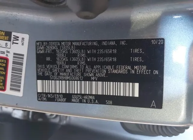 5TDGZRBH8MS068612 2021 2021 Toyota Highlander- Xle 9