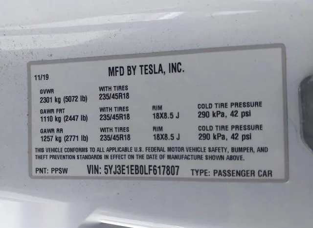 5YJ3E1EB0LF617807 2020 2020 Tesla Model 3- Long Range Dual 9