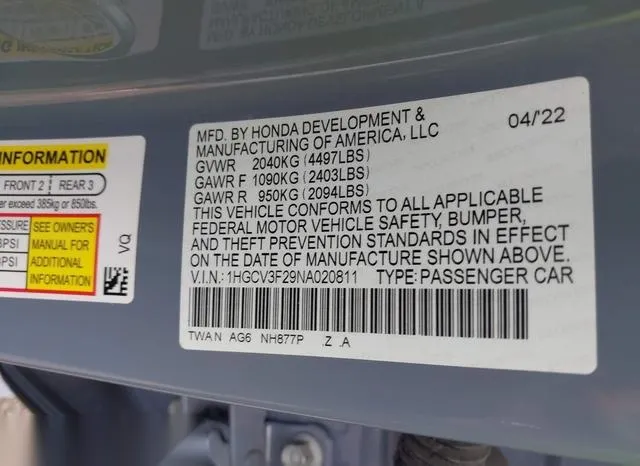 1HGCV3F29NA020811 2022 2022 Honda Accord- Hybrid Sport 9