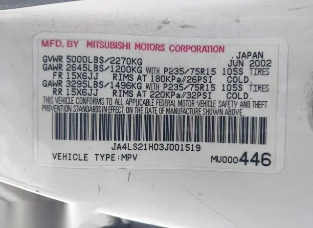 JA4LS21H03J001519 2003 2003 Mitsubishi Montero- Sport Es/Ls 9