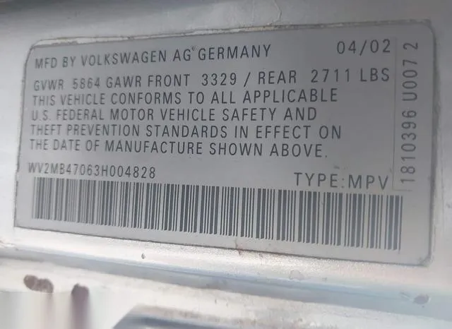 WV2MB47063H004828 2003 2003 Volkswagen Eurovan- MV 9