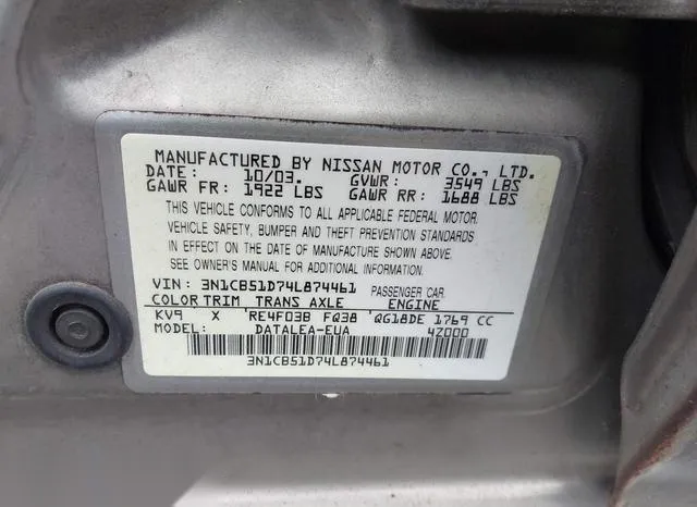 3N1CB51D74L874461 2004 2004 Nissan Sentra- 1-8S 9