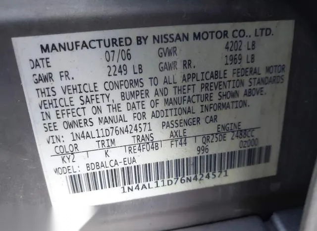 1N4AL11D76N424571 2006 2006 Nissan Altima- 2-5 S 9