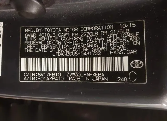 JTDKN3DU5F0481722 2015 2015 Toyota Prius- Two 9