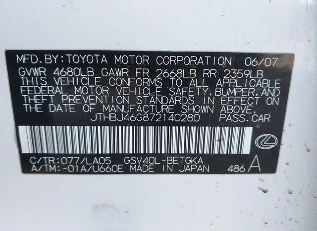 JTHBJ46G872140280 2007 2007 Lexus ES- 350 9