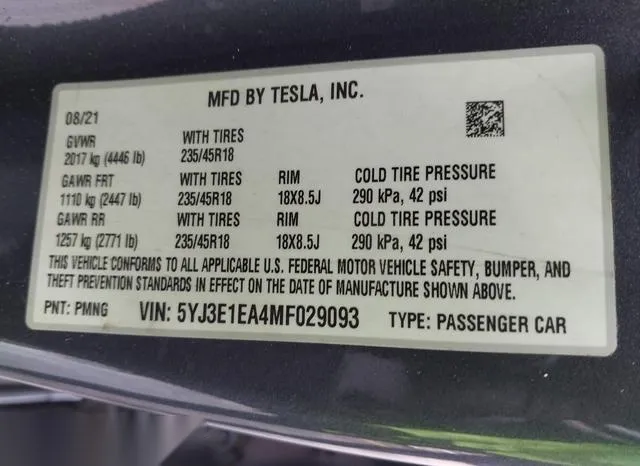 5YJ3E1EA4MF029093 2021 2021 Tesla Model 3- Standard Range P 9