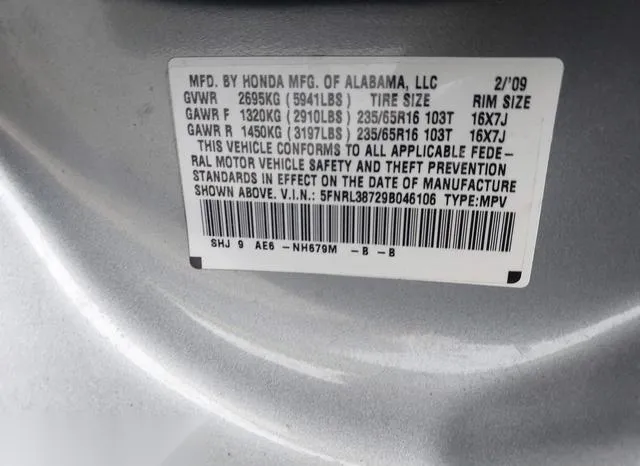 5FNRL38729B046106 2009 2009 Honda Odyssey- Ex-L 9