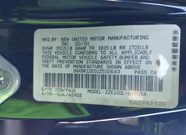 1NXBR12E01Z532643 2001 2001 Toyota Corolla- LE 9