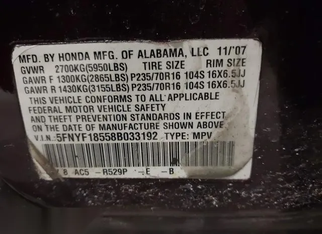 5FNYF18558B033192 2008 2008 Honda Pilot- Ex-L 9