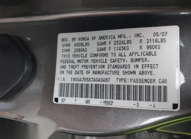 19UUA765X7A040487 2007 2007 Acura TL- Type S 9