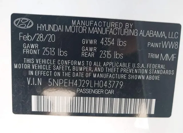 5NPEH4J29LH043779 2020 2020 Hyundai Sonata- Limited 9