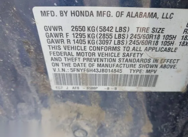 5FNYF6H43JB014845 2018 2018 Honda Pilot- EX 9