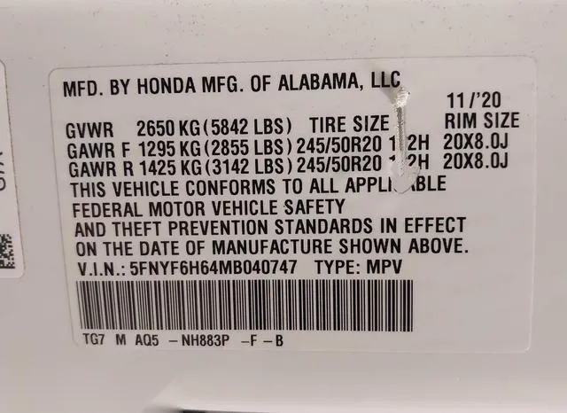 5FNYF6H64MB040747 2021 2021 Honda Pilot- Awd Touring 7 Pass 9