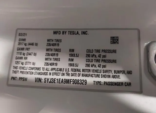 5YJ3E1EA9MF908329 2021 2021 Tesla Model 3- Standard Range P 9