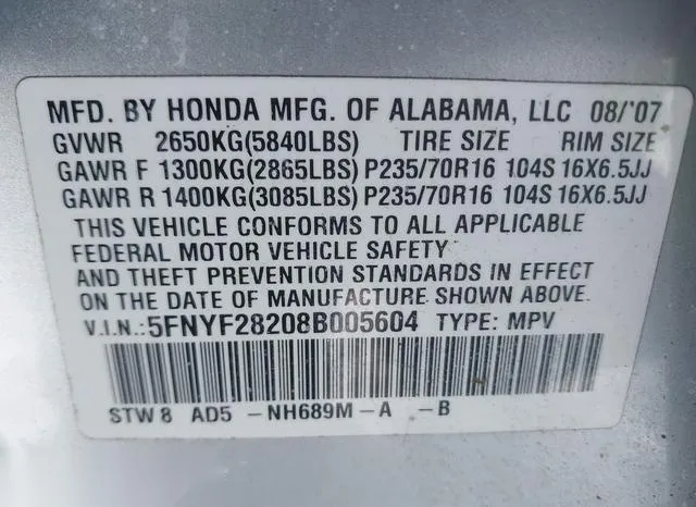 5FNYF28208B005604 2008 2008 Honda Pilot- VP 9