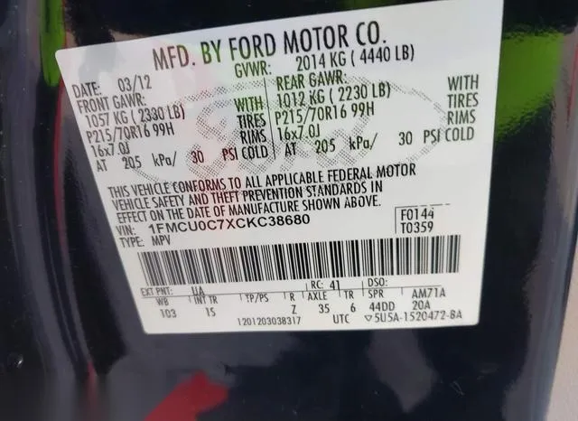 1FMCU0C7XCKC38680 2012 2012 Ford Escape- Xls 9