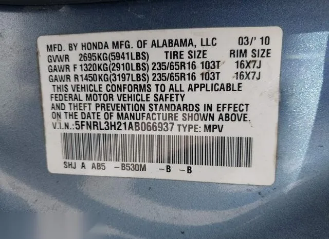 5FNRL3H21AB066937 2010 2010 Honda Odyssey- LX 9