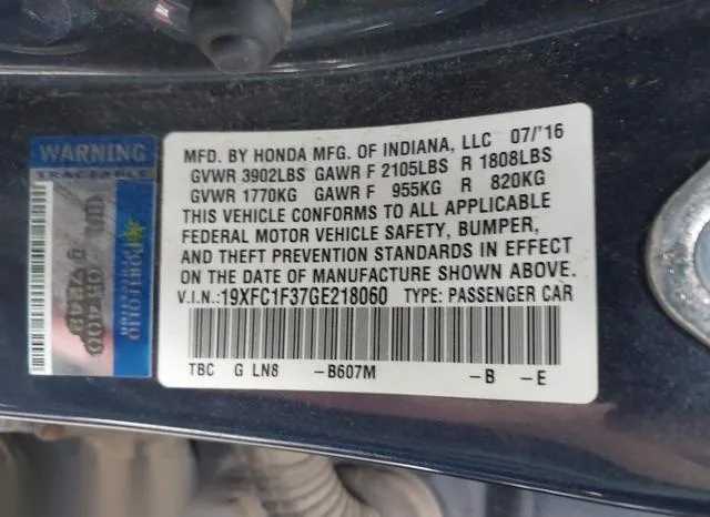 19XFC1F37GE218060 2016 2016 Honda Civic- Ex-T 9