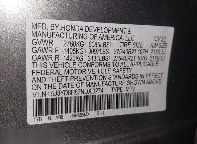 5J8YD8H87NL003274 2022 2022 Acura MDX- Type S W/Advance Pac 9