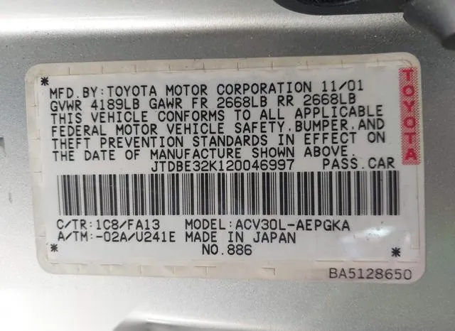 JTDBE32K120046997 2002 2002 Toyota Camry- Xle 9