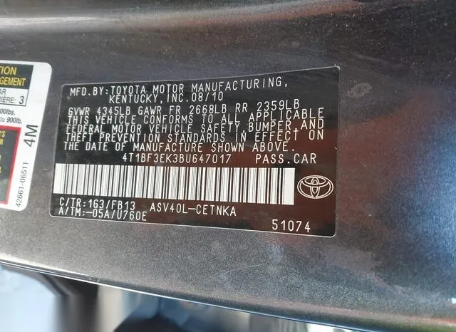 4T1BF3EK3BU647017 2011 2011 Toyota Camry- LE 9