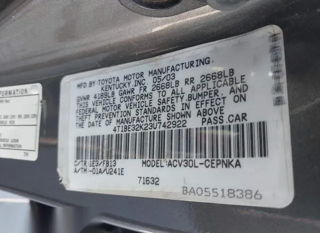 4T1BE32K23U742922 2003 2003 Toyota Camry- LE 9