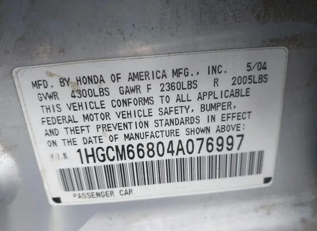 1HGCM66804A076997 2004 2004 Honda Accord- 3-0 EX 9