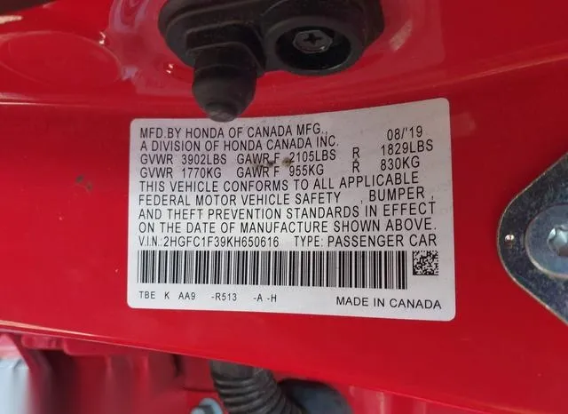 2HGFC1F39KH650616 2019 2019 Honda Civic- EX 9