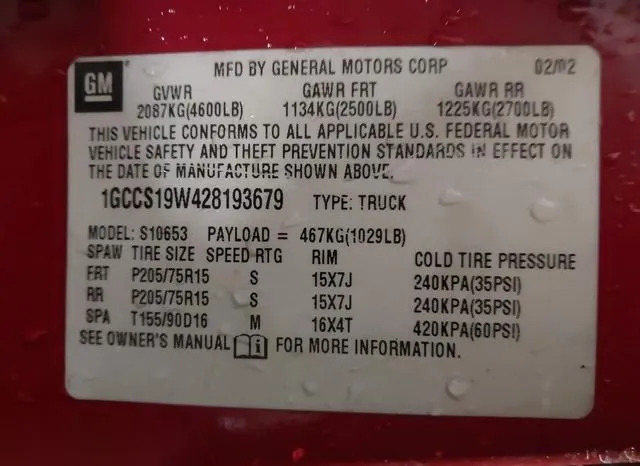 1GCCS19W428193679 2002 2002 Chevrolet S10 9