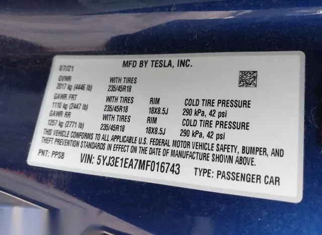 5YJ3E1EA7MF016743 2021 2021 Tesla Model 3- Standard Range P 9